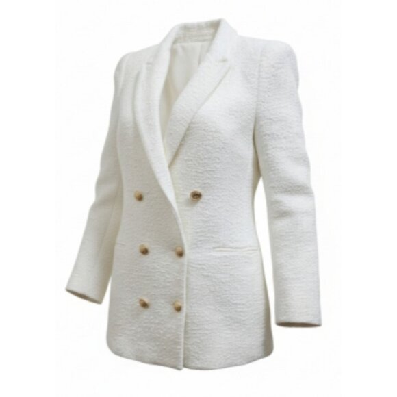 ZARA White Bouclé Double Breasted Blazer Gold Buttons Textured Jacket Women’s S - Picture 2 of 15